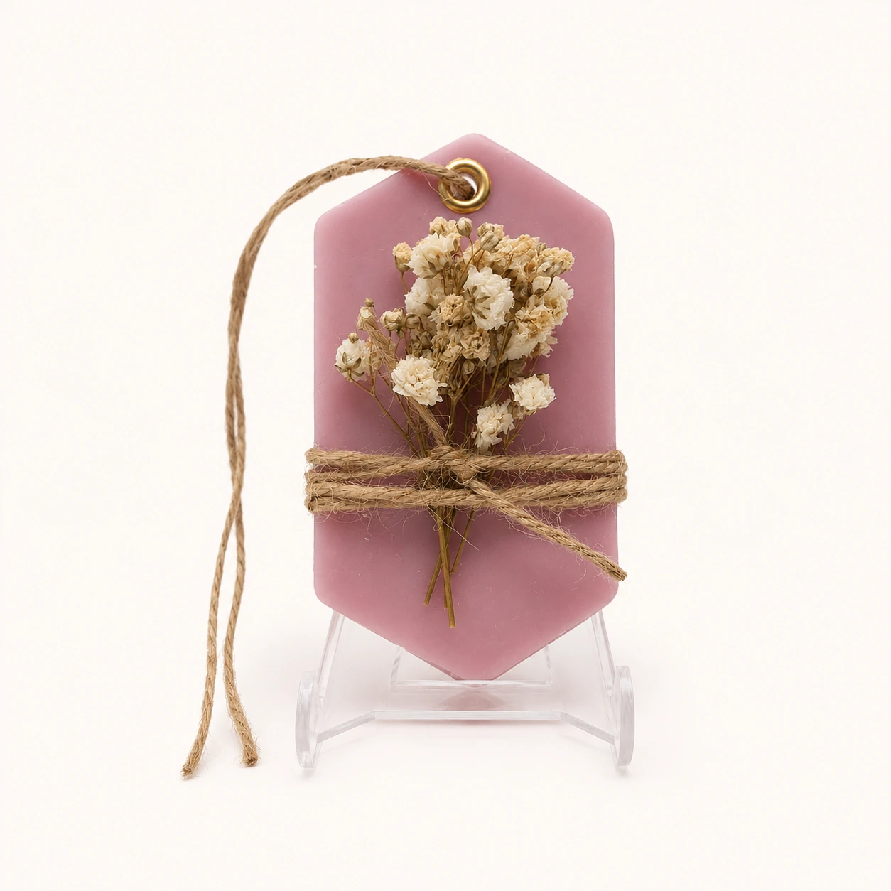 Ambientador de roupeiro hexagonal rosa com flores secas e cordel de juta
