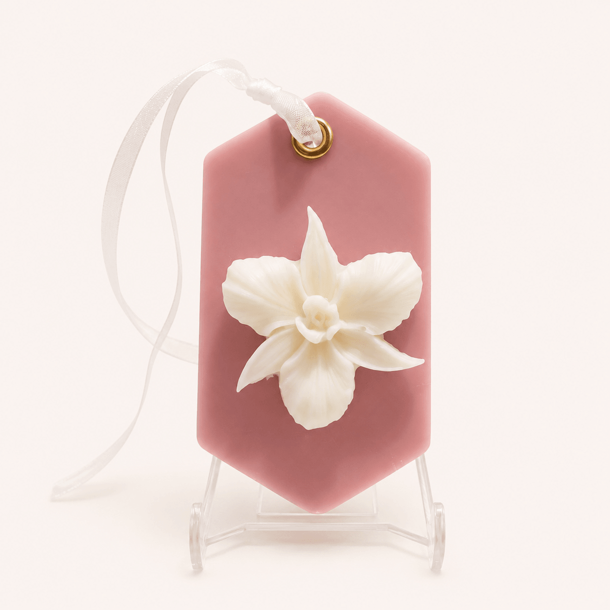 Ambientador de roupeiro hexagonal rosa com orquídea em cera