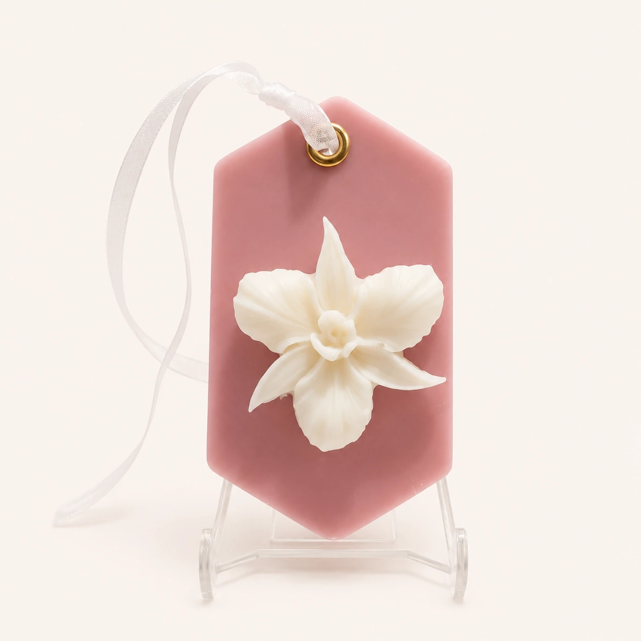 Ambientador de roupeiro hexagonal rosa com orquídea em cera
