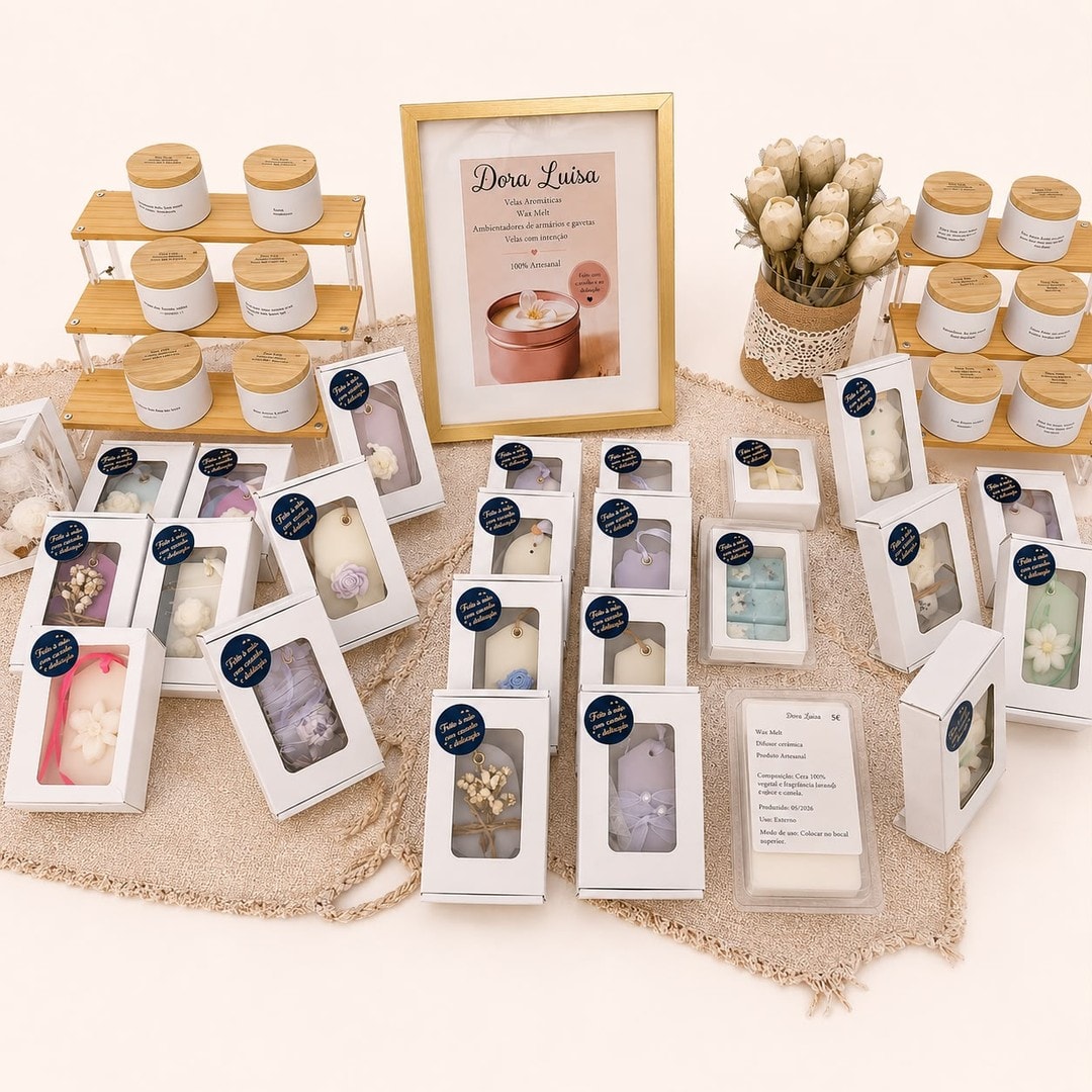 O expositor da Dora Luísa com o quadro da marca: velas, wax melts e ambientadores de cera de soja em caixas de oferta
