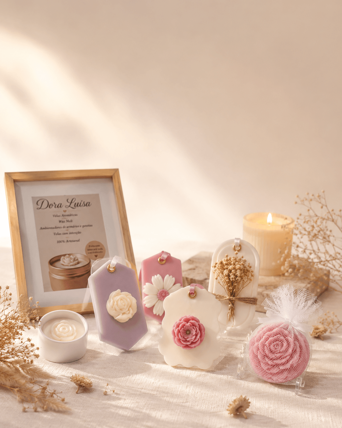 Produtos Dora Luísa em cena: ambientadores de cera com flores, vela acesa e quadro da marca em luz quente