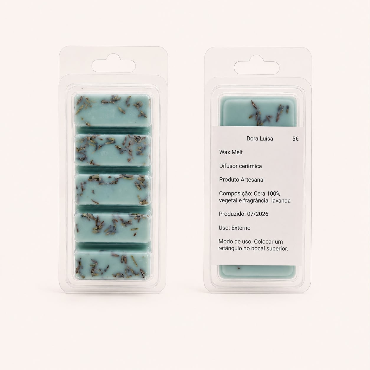 Wax melt de barras de lavanda — frente e verso com rótulo de composição e modo de uso