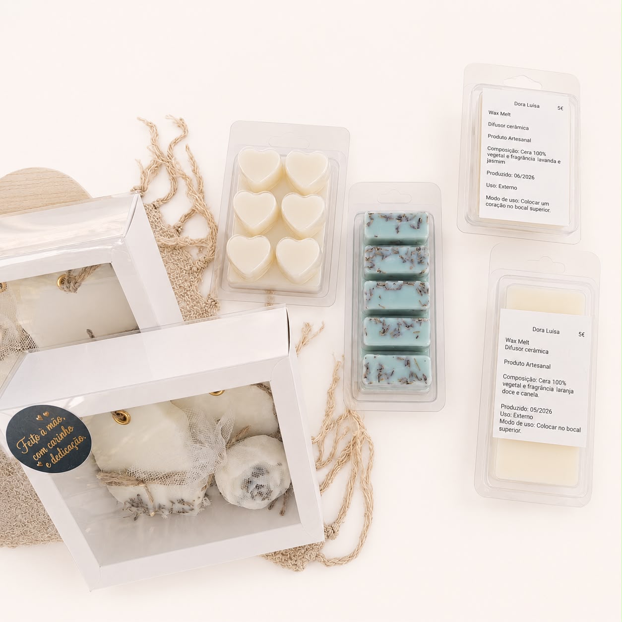 Conjunto de wax melts Dora Luisa — corações e barras com rótulos